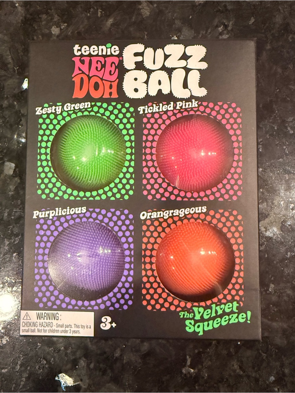 Teenie Nee Doh Fuzz Ball 4-Pack Velvet Squeeze - Green, Pink, Purple, Orange